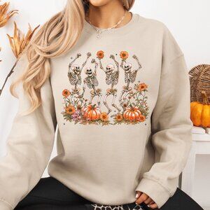 Dancing Skeletons Pumpkin Patch Halloween Sweatshirt Unisex Handmade